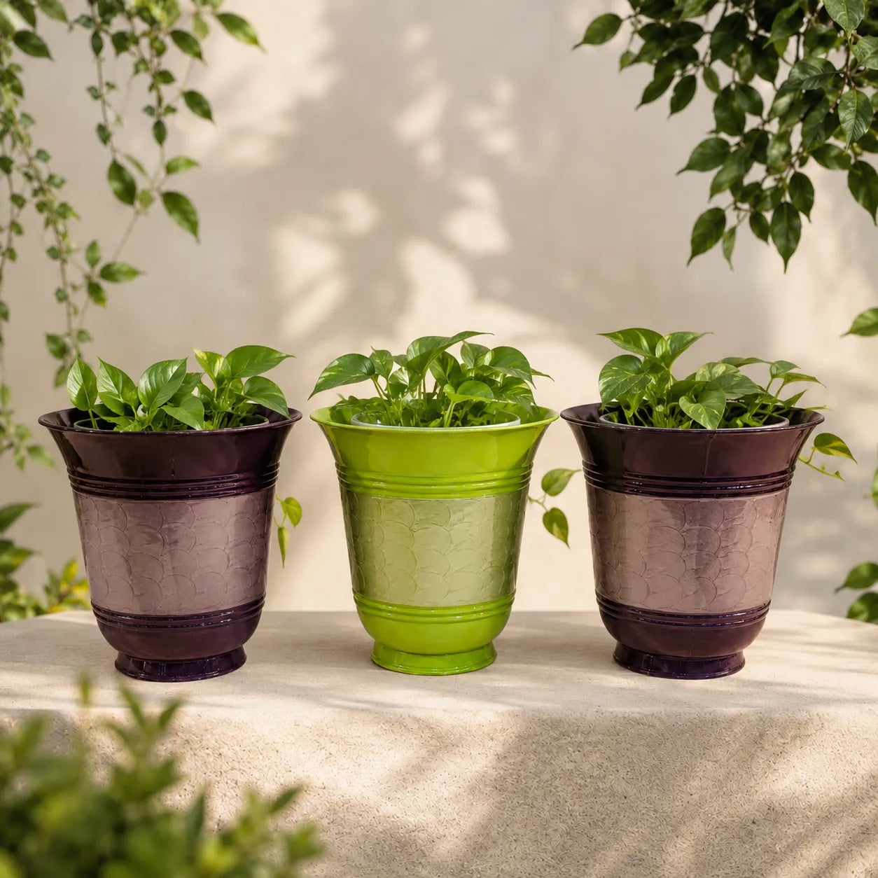 Round Planter Purple & Green Colour Set of 3
