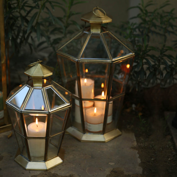 Bevelled Glass Octagonal Lantern Matt Brass Finish